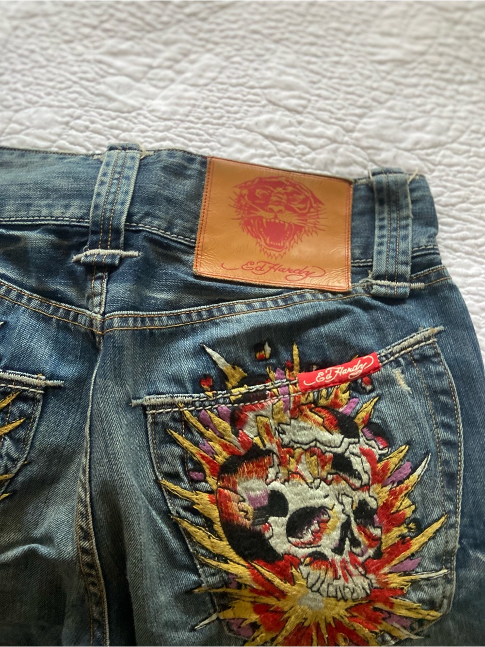 Ed Hardy Vibtsge Y2K Era Men's Blue Denim Jeans with Embroidered Skull